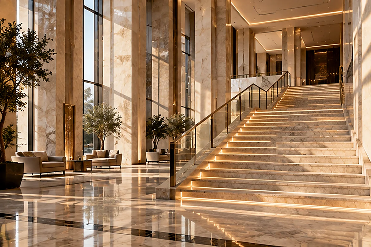 تصور بصري لمدخل معماري فاخر من الرخام